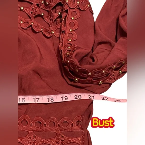 L'ATISTE Deep Red Lace Long Sleeve gold studded Dress - Picture 7 of 8